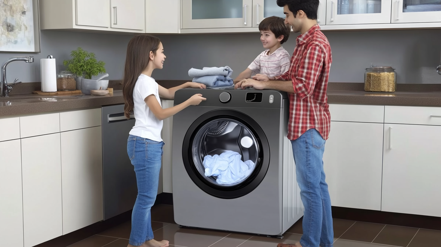 삼성 세탁기 건조기 일체형을 사용하는 도시 가족의 행복한 일상. 아늑한 주방에 설치된 제품이 깔끔하고 정리정돈된 미학을 자아냄.