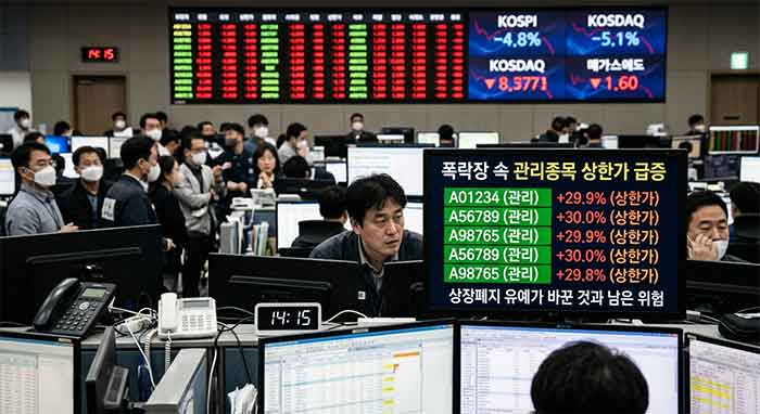 주식 거래소에서 관리종목 상한가 화면을 바라보는 트레이더들.