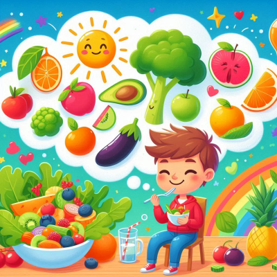 밝은 햇살 아래 건강한 식사를 즐기는 아이