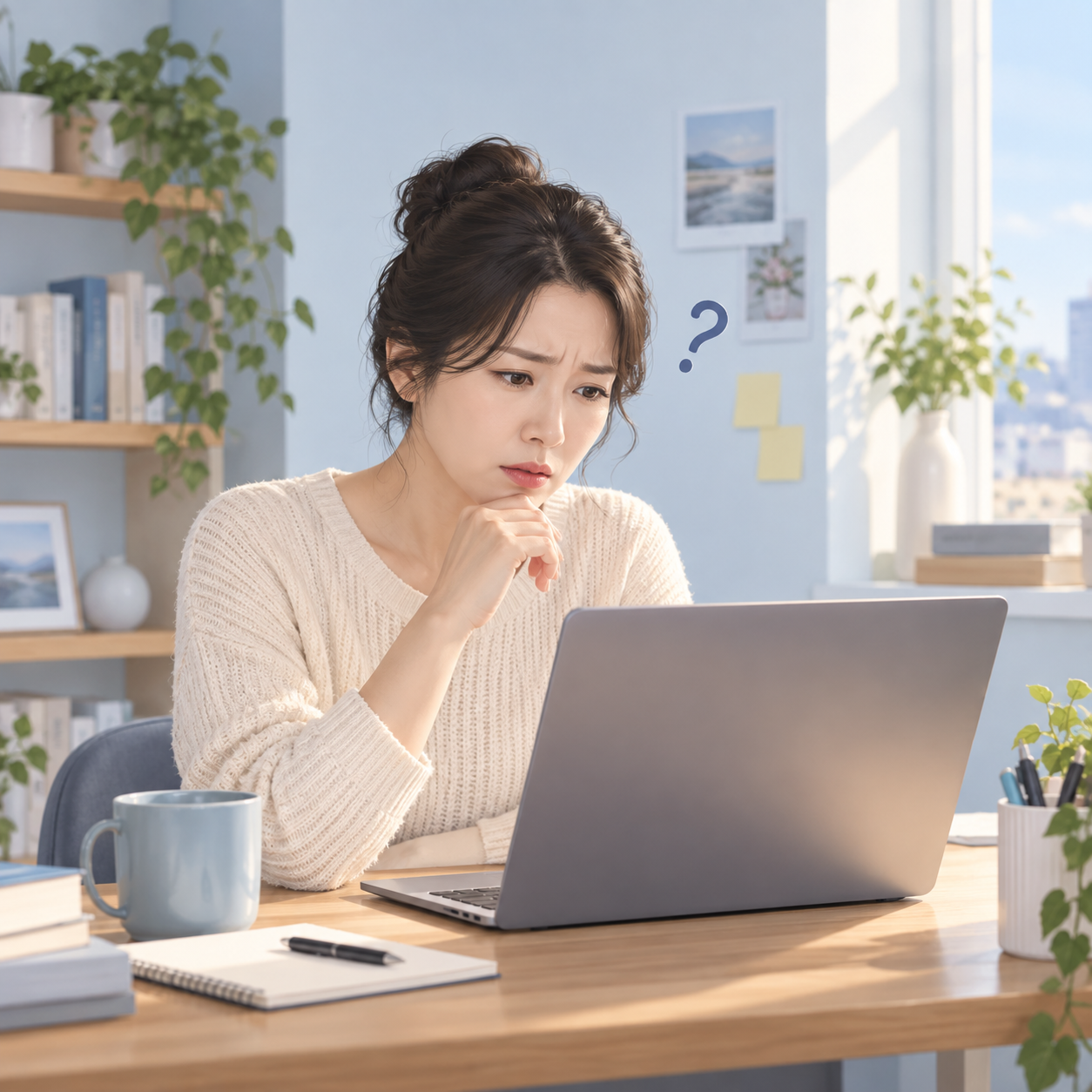 노트북에서 다운로드한 안내문을 찾는 모습