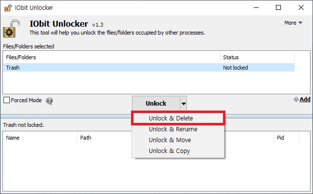IObit Unlocker 강제 잠금 해제 및 파일 삭제 옵션 선택 화면