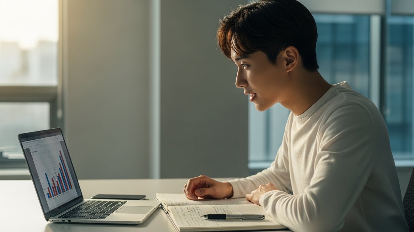 새로운 비즈니스 아이디어를 실현하기 위해 꼼꼼히 계획을 세우는 열정적인 창업자의 모습