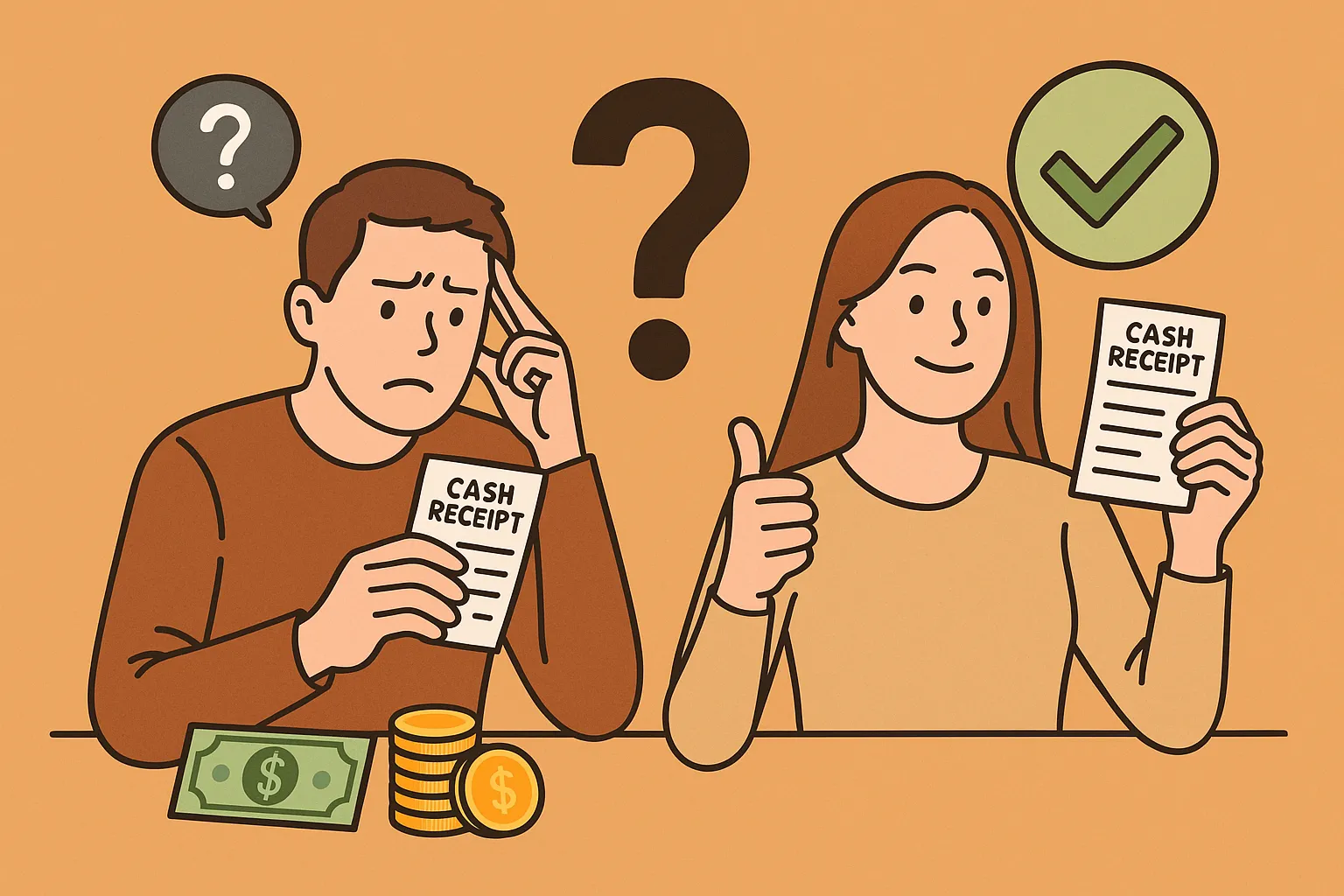 현금영수증을-받을지-말지-고민하는-모습과-발급받아-혜택을-누리는-모습을-대비시켜-표현한-이미지