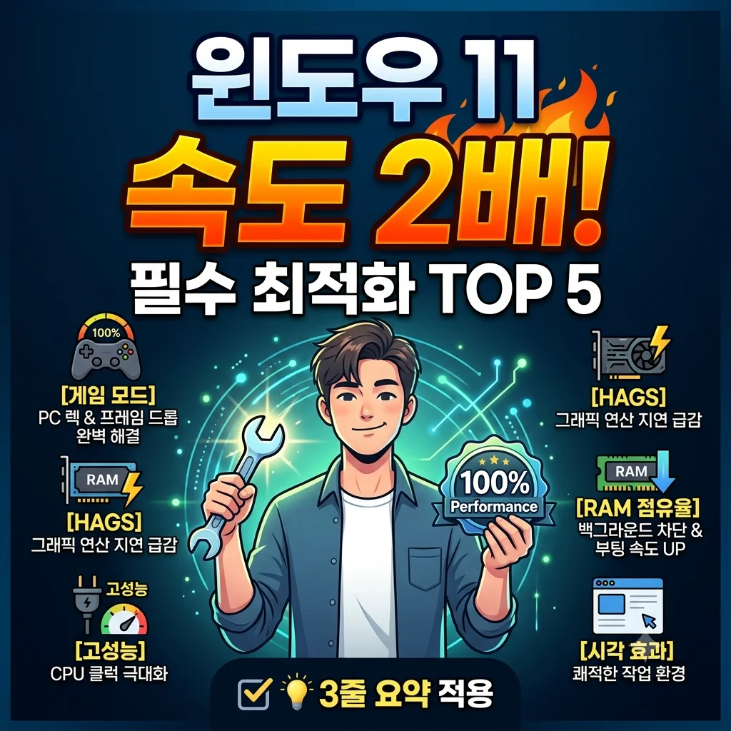 윈도우 11 속도 최적화 세팅 TOP 5 PC 렉 줄이기 게임 프레임 드롭 해결 꿀팁