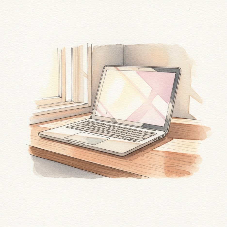 책상 위 노트북을 묘사한 차분한 수채화 그림