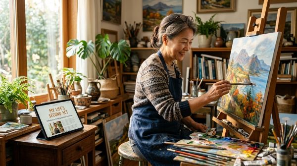 미소지으며 그림그리고 있는 60대 여인