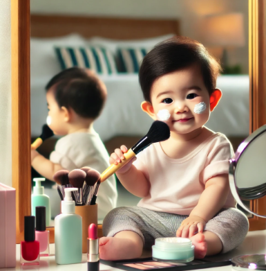 화장품 바르고 있는 아이의 모습 관련 사진