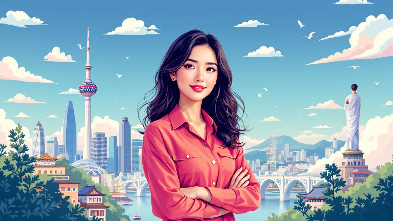 A lady is in the city.