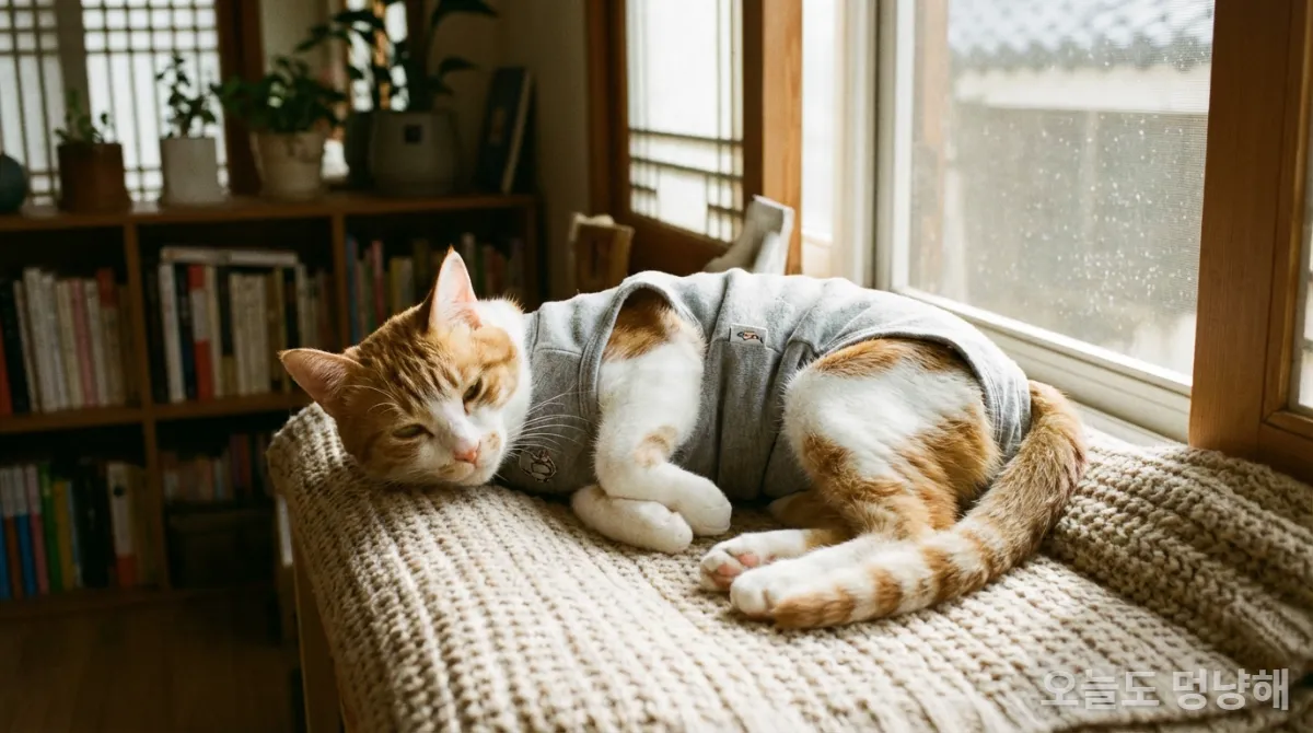 중성화 수술 후 환묘복을 입고 휴식하는 고양이