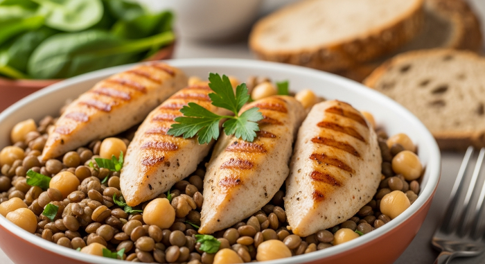 단백질과 식이섬유가 풍부한 렌틸콩, 병아리콩, 닭가슴살이 담긴 건강한 한 그릇. 혈당 관리에 좋은 재료들이 어우러져 있습니다.