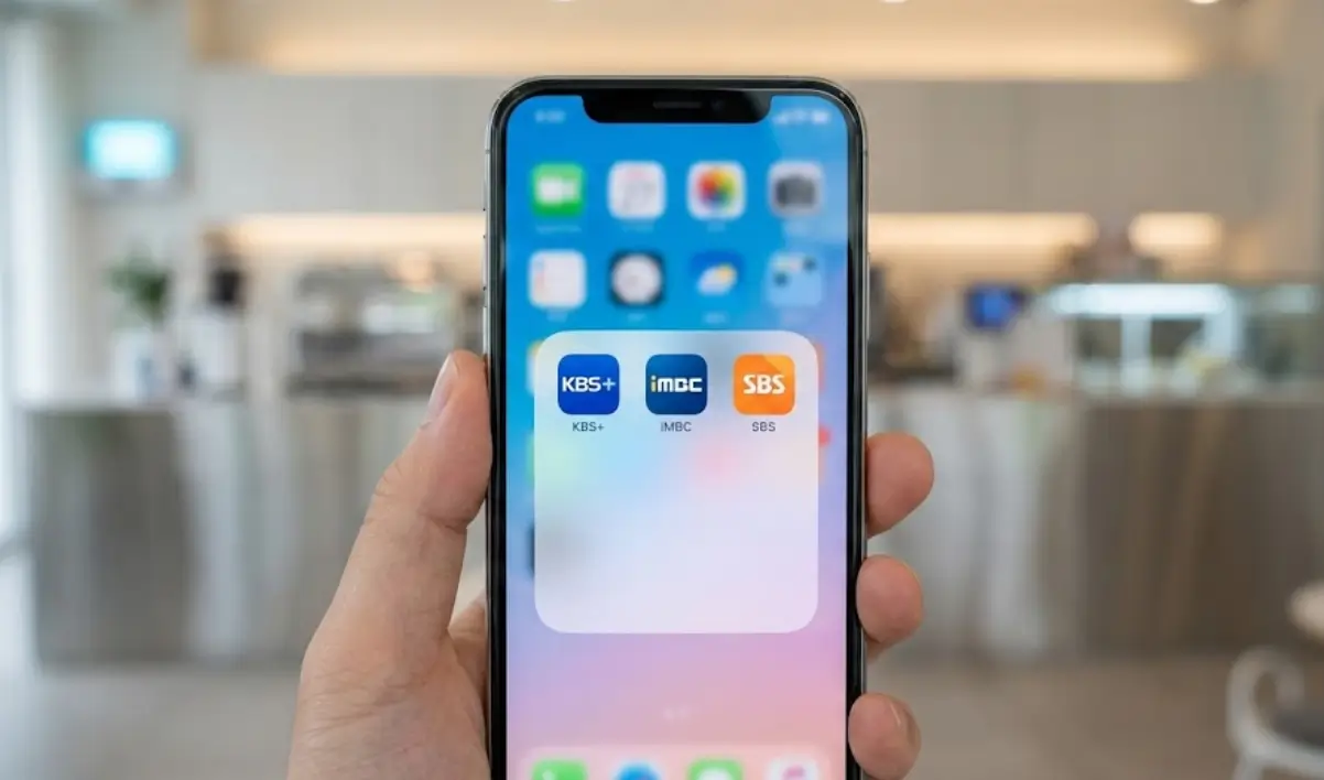 스마트폰 화면에 지상파 3사 공식 앱인 KBS+, iMBC, SBS 아이콘이 나란히 설치되어 있는 클로즈업 사진