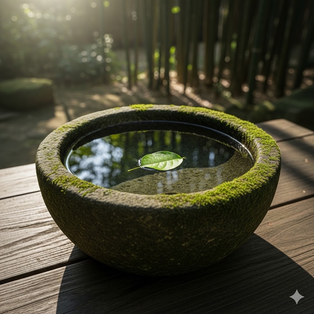An ancient stone bowl with clear water and a floating leaf in a peaceful temple garden.