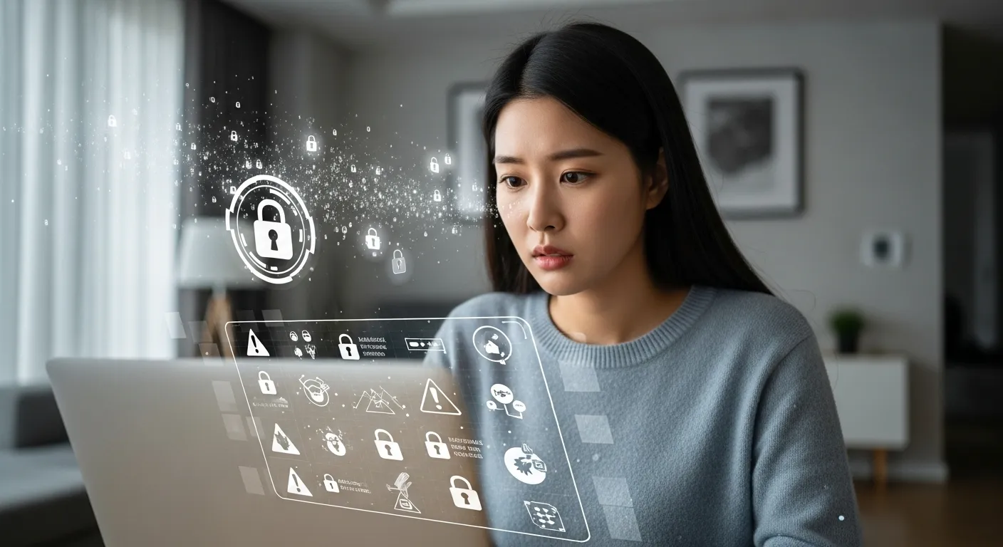 20대 한국 여성이 노트북 화면을 걱정스럽게 바라보고 있는 모습, 화면에는 사이버 위협을 나타내는 자물쇠와 경고 아이콘이 보인다. 개인 정보 보안의 중요성을 상징하는 이미지.