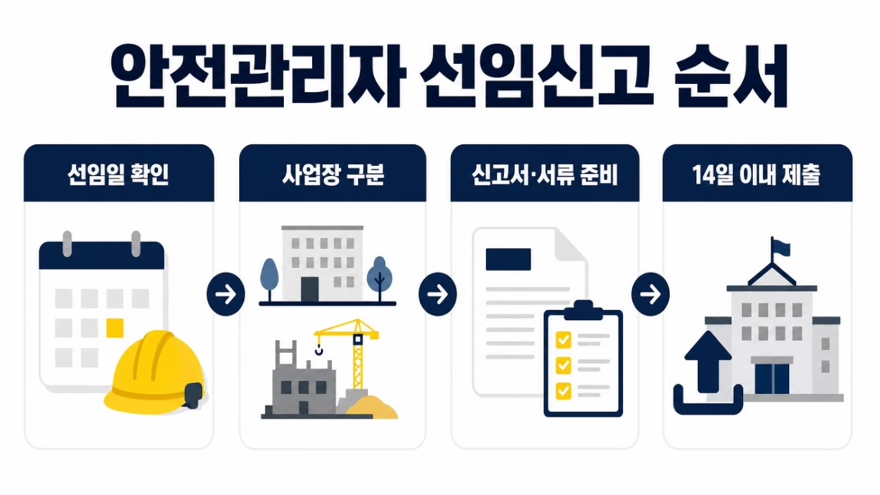 안전관리자 선임일부터 사업장 구분과 신고서 준비를 거쳐 14일 이내 제출하는 절차