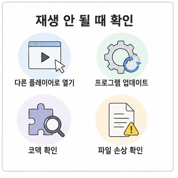 MP4 재생이 안 될 때 다른 플레이어 사용, 프로그램 업데이트, 코덱 확인, 파일 손상 확인 순서를 정리한 그림