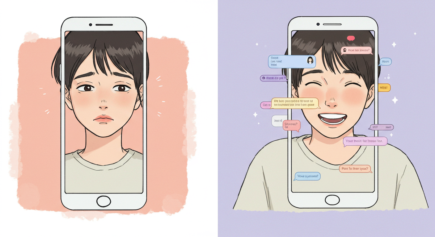 카톡 대화 기록을 잃은 경우와 복원된 경우 비교 장면