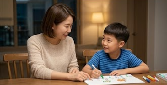 초등학생 아이와 엄마가 식탁에 마주 앉아 아이가 그린 그림을 함께 보며 이야기 나누는 장면