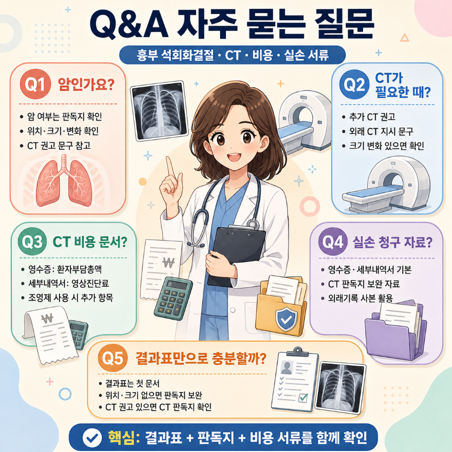 흉부 석회화결절, CT 필요 시점, CT 비용 문서, 실손 청구 자료를 Q&amp;A 형식으로 정리한 메디컬 인포그래픽 이미지
