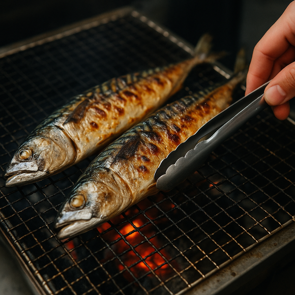 고등어를 구워 조리하는 장면
