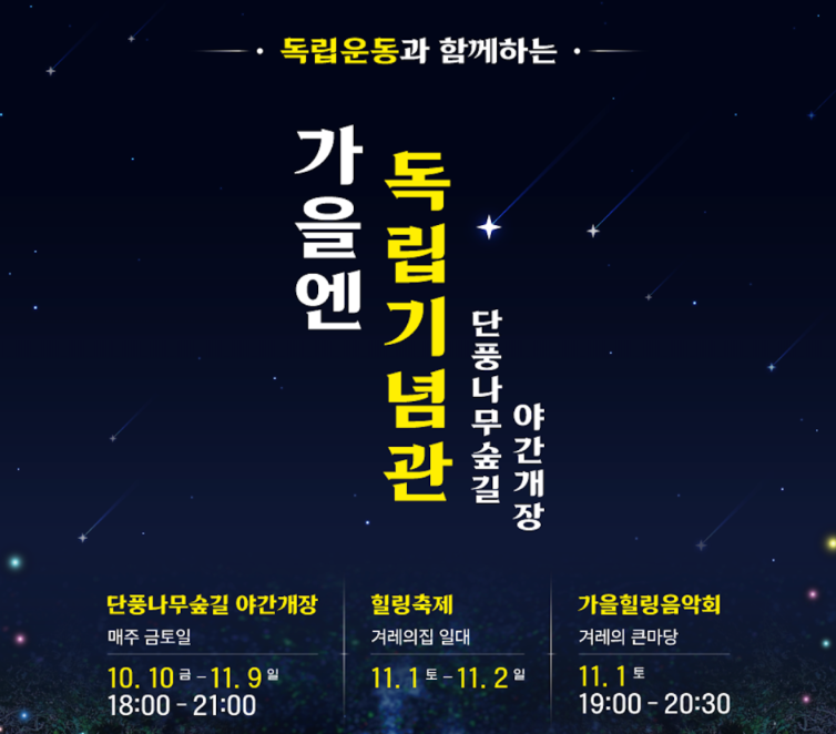 천안 독립기념관 단풍나무숲길 산책로 (가을 단풍, 야간 개장, 가족나들이)