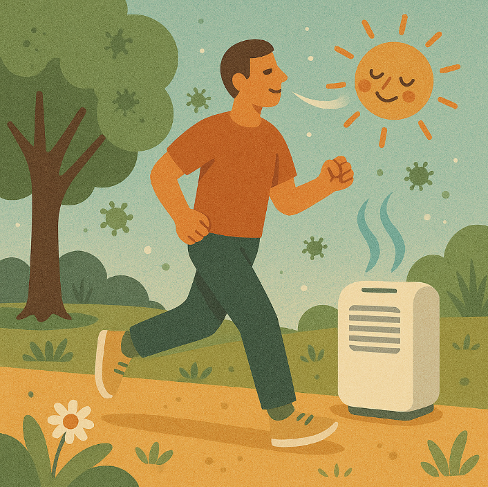 햇살 아래 공원을 달리며 면역력을 높이는 남성의 모습. 공기청정기와 함께 건강한 생활을 상징하는 일러스트.