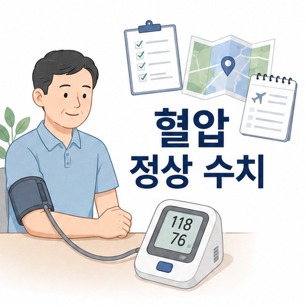 디지털 혈압계에 118/76mmHg이 표시된 모습을 통해 성인의 정상 혈압 수치를 설명한 이미지