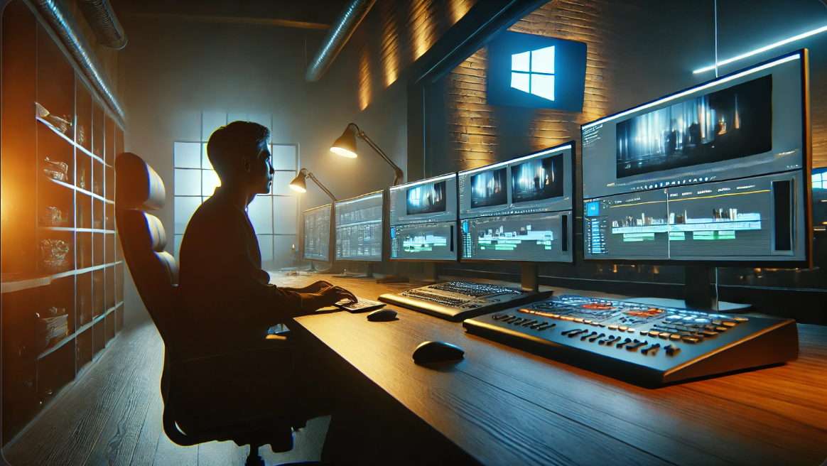 여러 모니터가 있는 비디오 편집 스튜디오에서 일하는 사람의 저녁 풍경