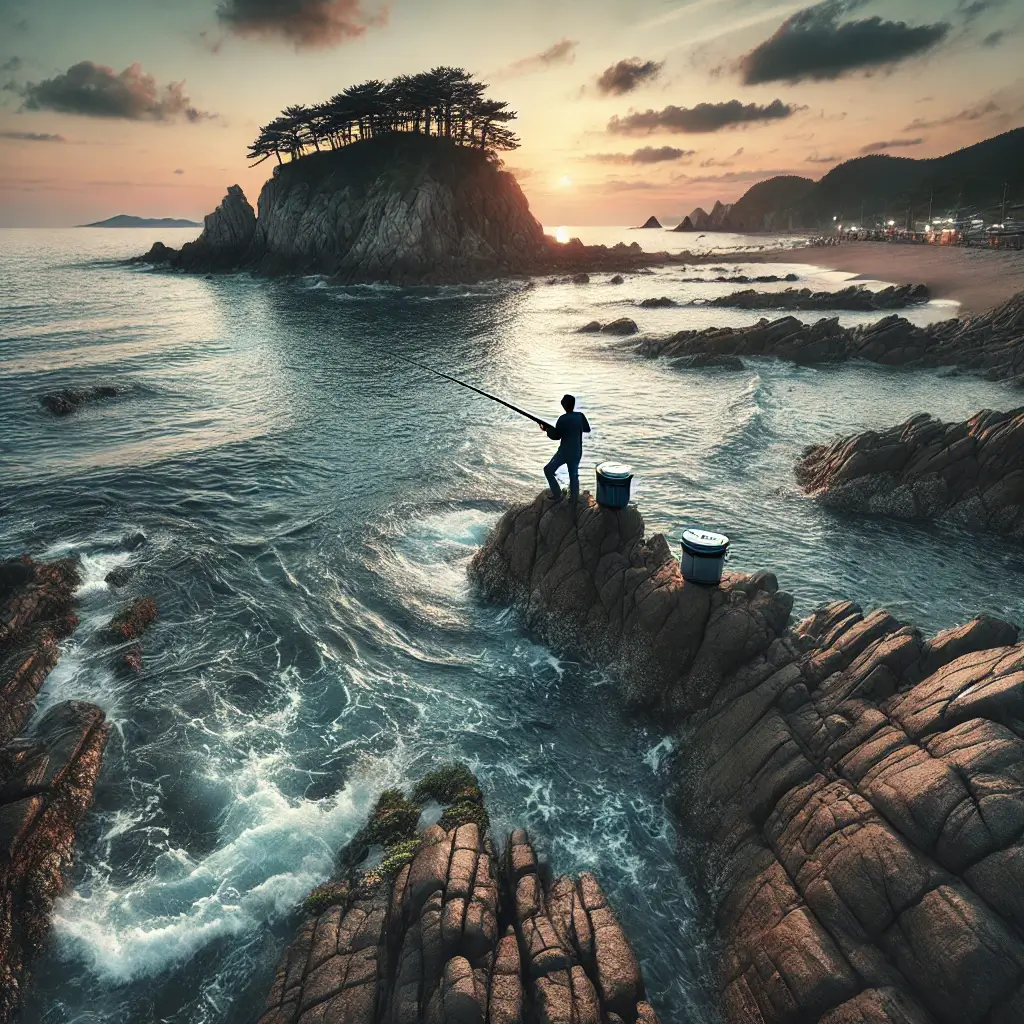 갯바위에서 해질녘 볼락 낚시하는 장면