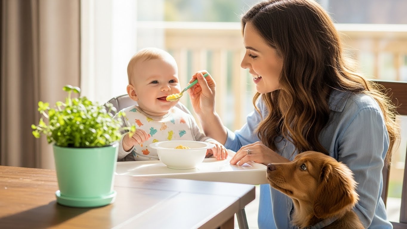 아기 이유식 단계별 가이드 글 본문 이미지 - 이유식 먹는 아기와 엄마 그리고 옆에 강아지가 있는 모습