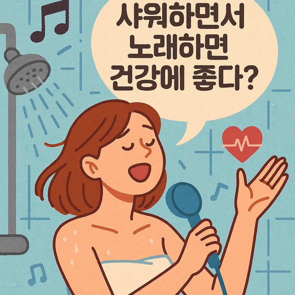 샤워를-하면서-노래를-부르는-여성이-즐거운-표정으로-샤워기를-잡고-있는-모습과-음표-심장-아이콘이-함께-표현된-일러스트
