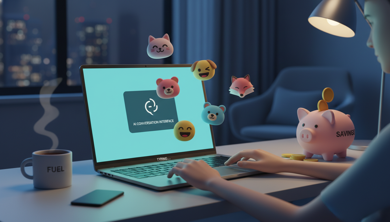 퇴근 후 챗지피티로 이모티콘 부업을 하며 수익을 창출하는 직장인의 모습 일러스트