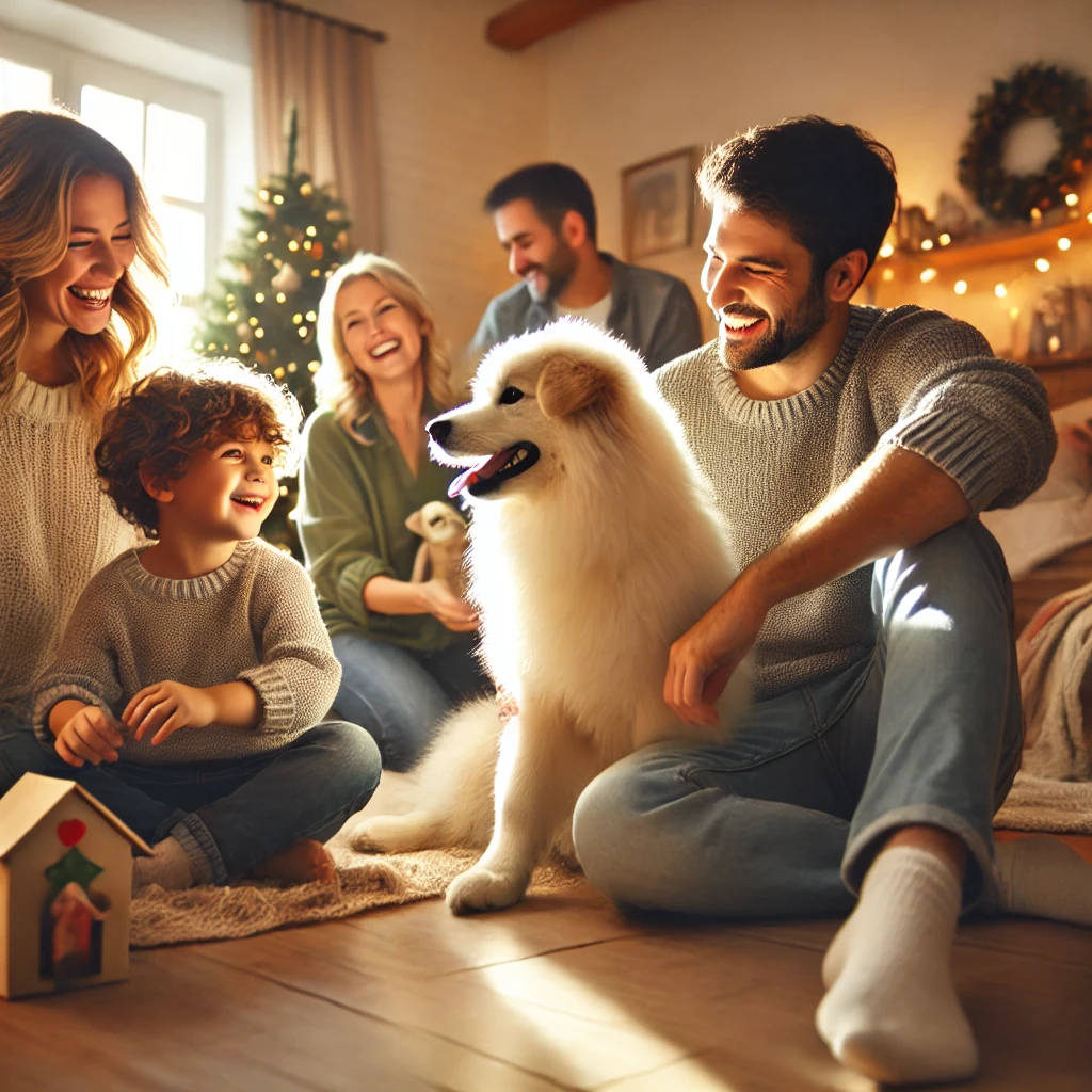 강아지와 가족이 함께 있는 따뜻한 분위기의 이미지