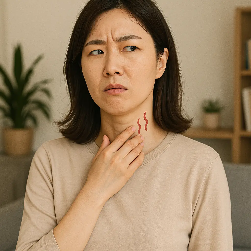 침 삼킬 때 목에서 이상한 소리를 느끼는 30대 여성