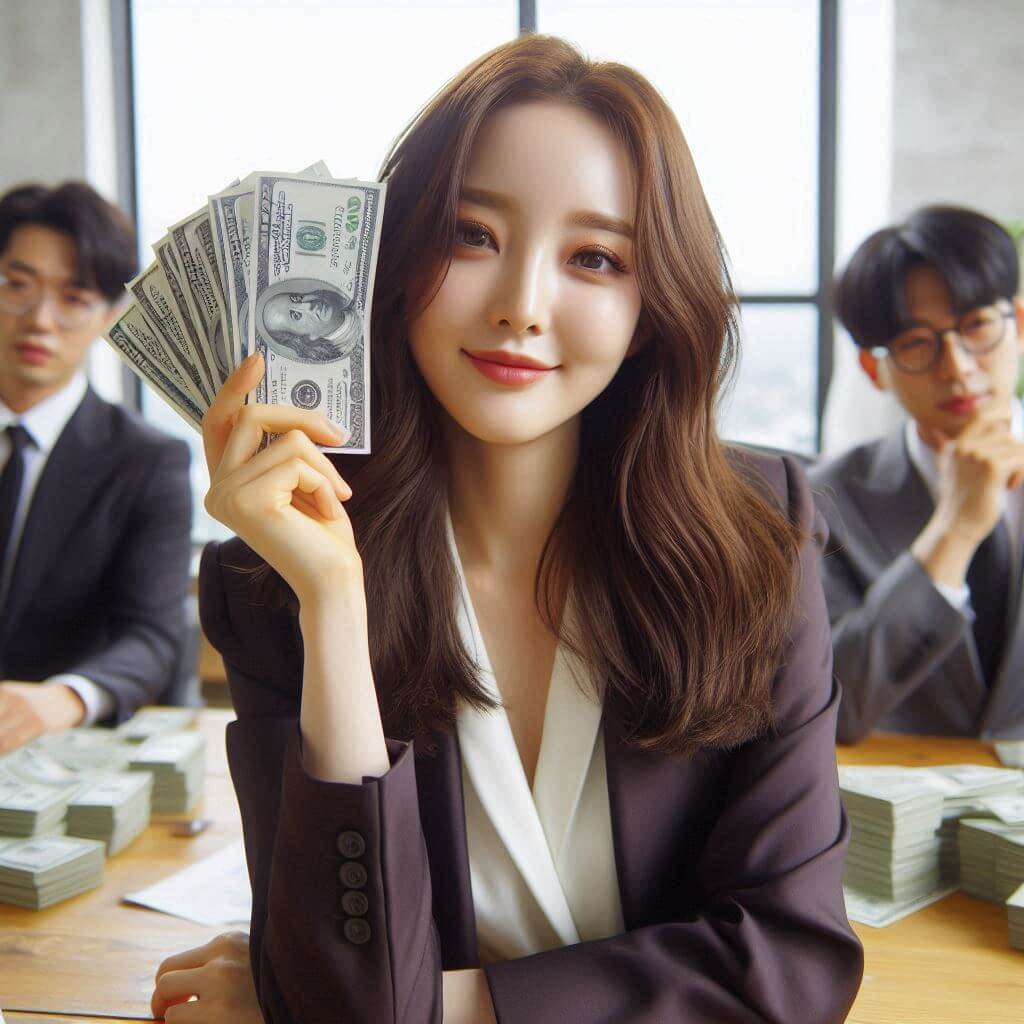 돈 버는 법으로 재테크에 성공한 여성 직장인 투자자가 손을 펼쳐보이고 있다.
