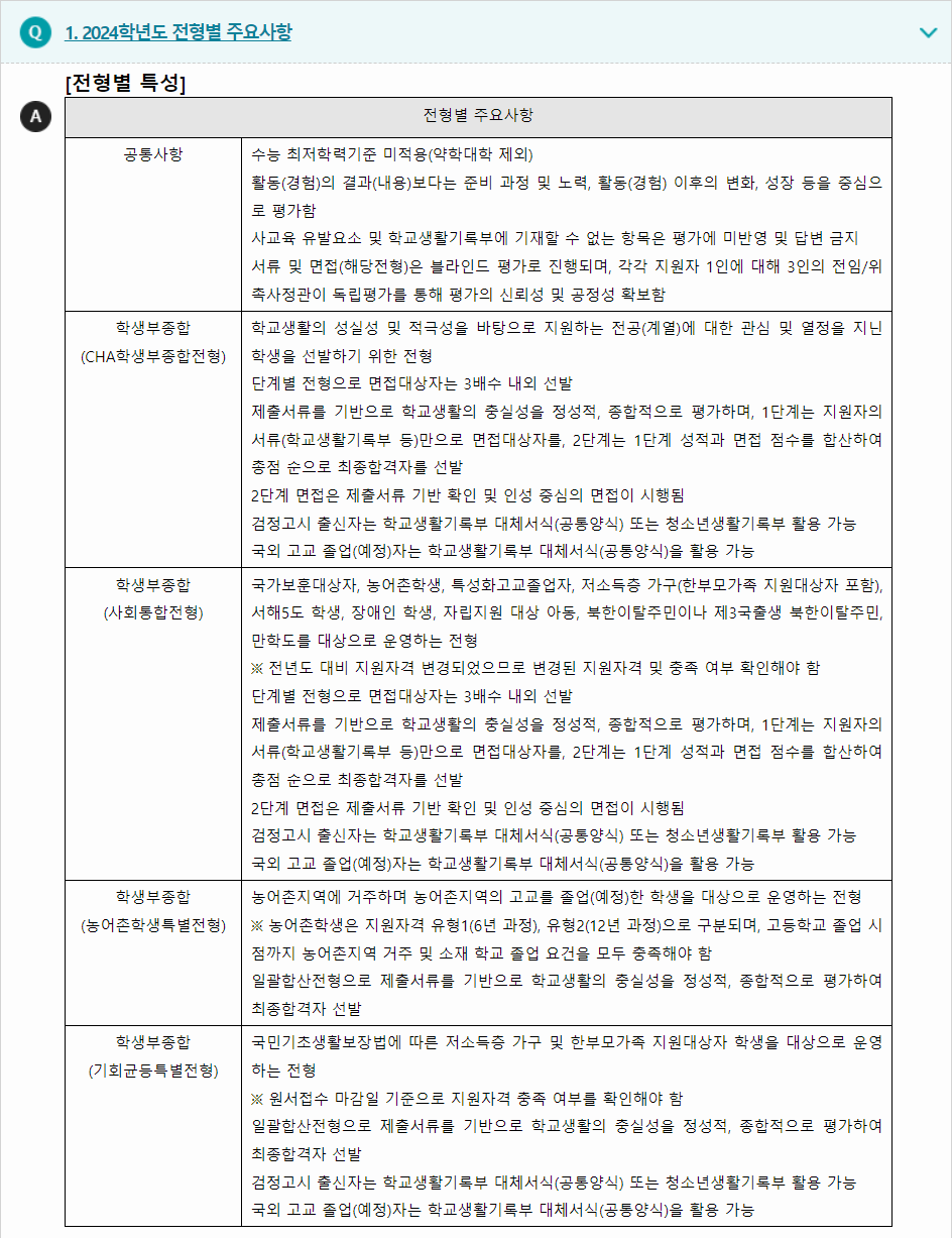 2024학년도 차의과학대학교 학생부종합전형 전형별 주요사항