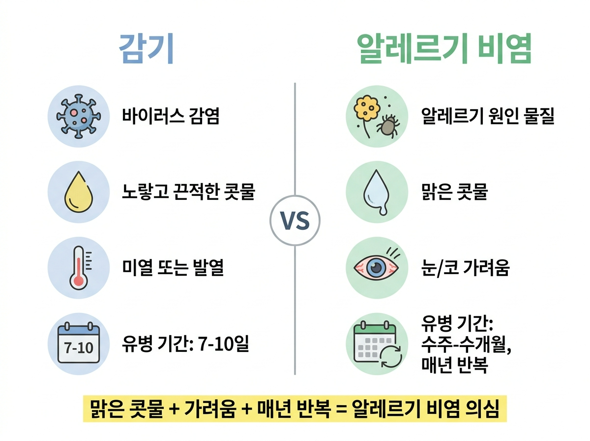 알레르기 비염 감기 차이, 맑은콧물, 코가려움, 매년반복 비염