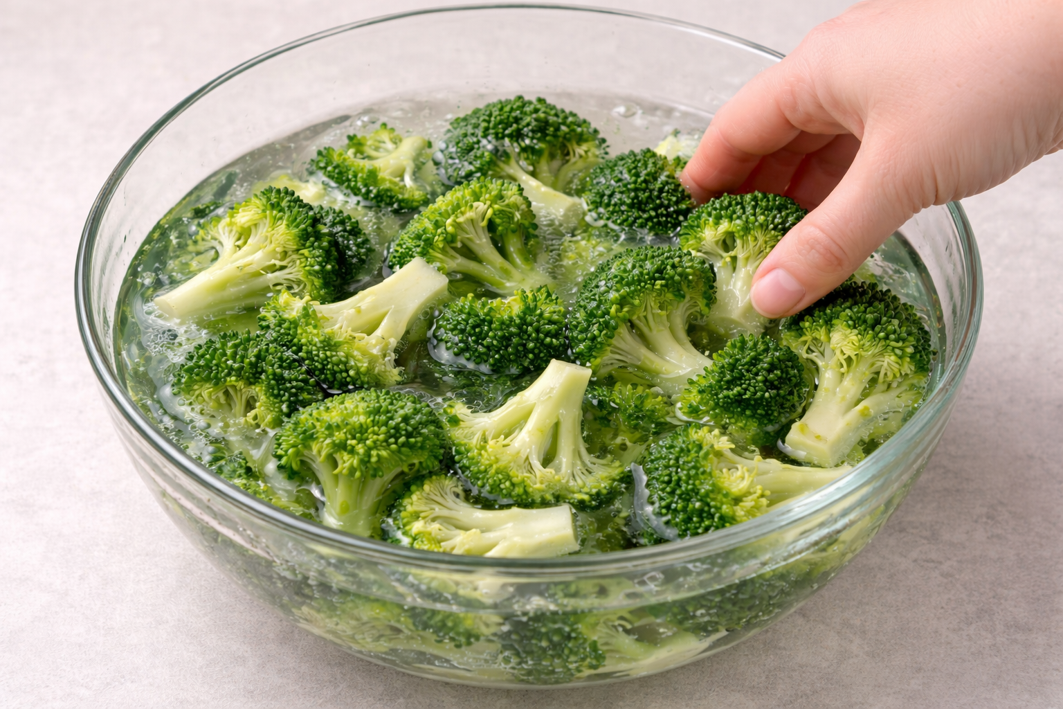손질한 브로콜리를 물에 담가 꽃봉오리 사이까지 세척하는 모습입니다.