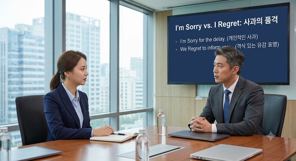 비즈니스 영어에서 미안함을 표현할 때 사용하는 'Sorry'와 공식적인 유감을 뜻하는 'Regret'의 뉘앙스 차이를 설명하는 사무실 장면