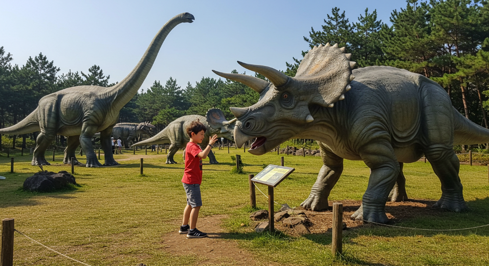 제주 공룡랜드에서 실물 크기 공룡 모형을 구경하고 노는 아이