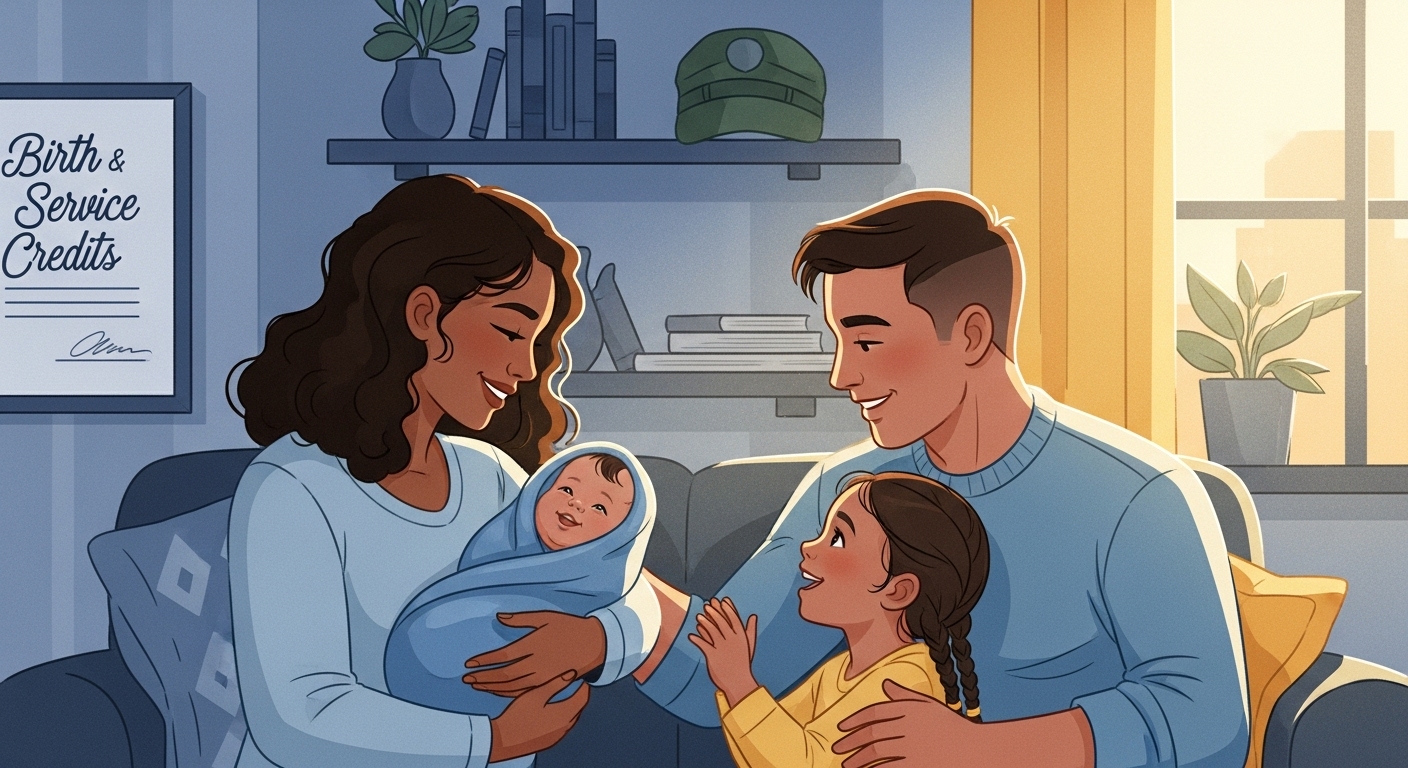 출산 크레딧과 군복무 크레딧 확대를 나타내는 행복한 가족과 군인 관련 요소 일러스트