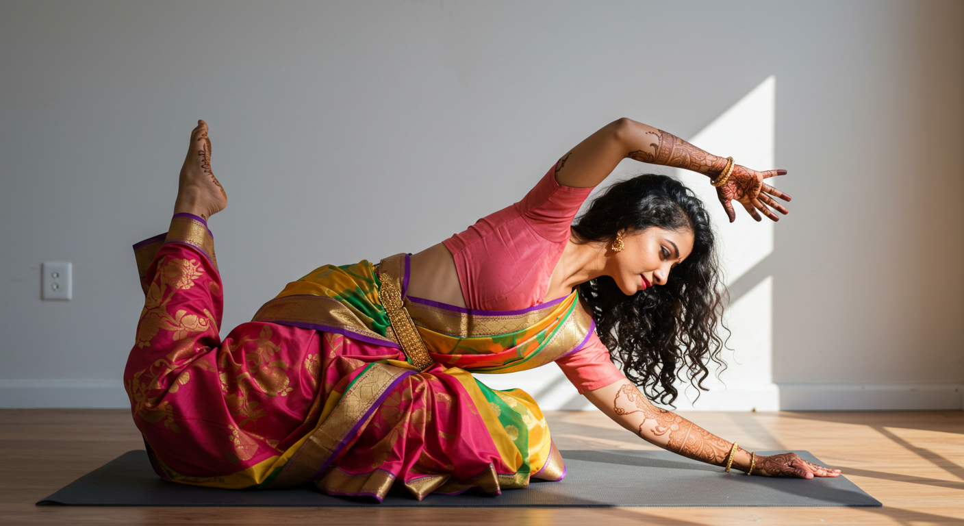 인도인 여성이 매트 위에서 요가를 하고 있는 모습이다.
