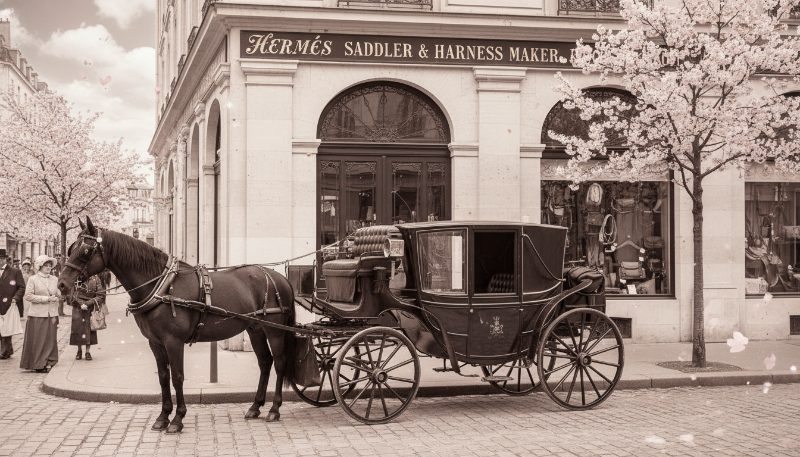 파리 시내에 위치한 19세기 에르메스 마구 제작소와 마차의 모습
