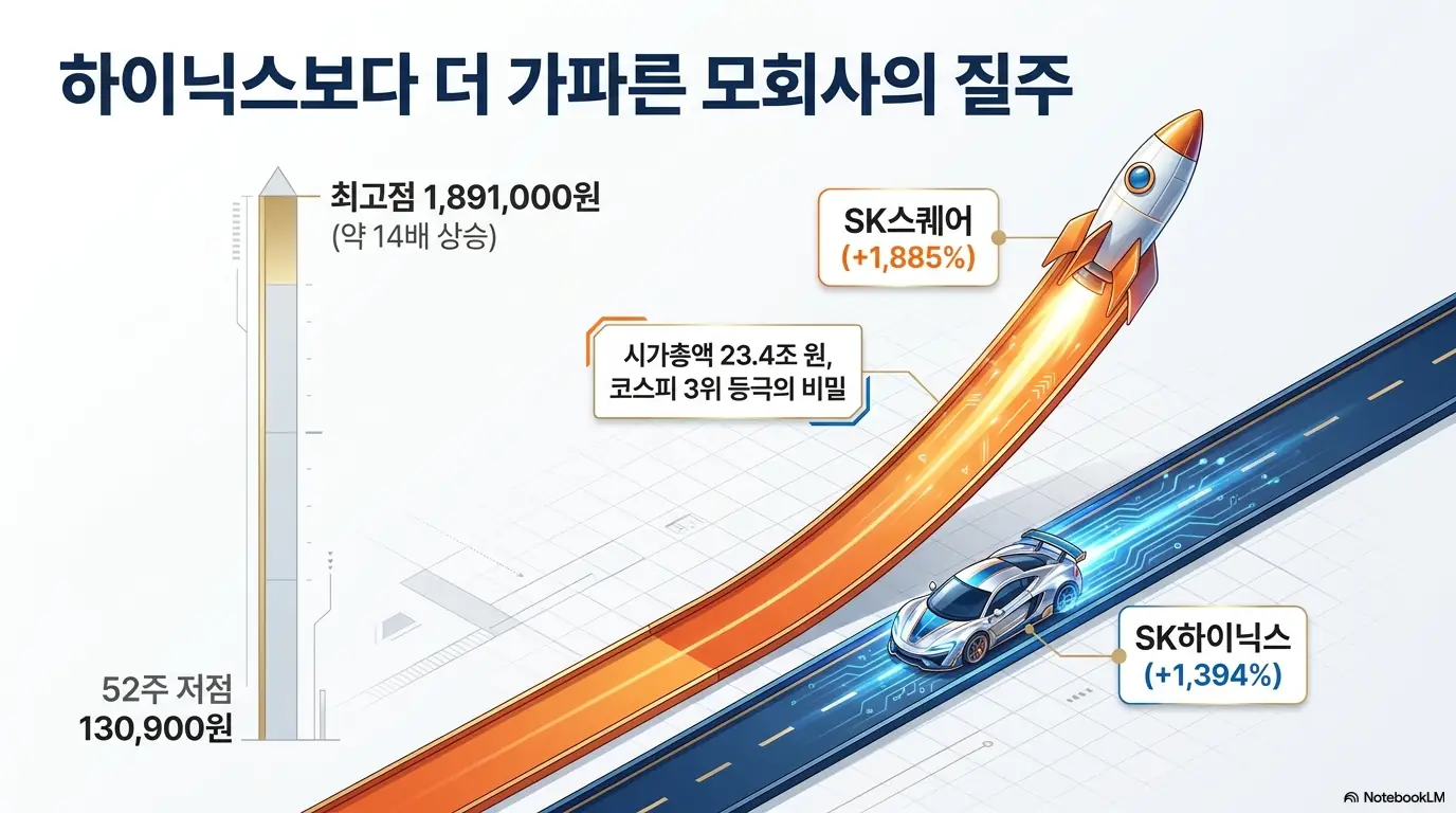 SK스퀘어 주가가 SK하이닉스보다 더 가파르게 상승한 흐름을 로켓과 자동차에 비유한 이미지. 52주 저점 13만 900원에서 최고점 189만 1,000원까지 약 14배 오른 SK스퀘어가 +1,885%, SK하이닉스가 +1,394%를 기록하며 시가총액 23.4조 원으로 코스피 3위에 오른 SK스퀘어 주가 전망을 설명함
