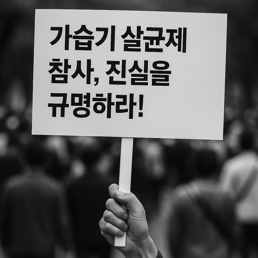 '가습기 살균제 참사, 진실을 규명하라!'는 문구가 적힌 피켓을 든 피해자의 손