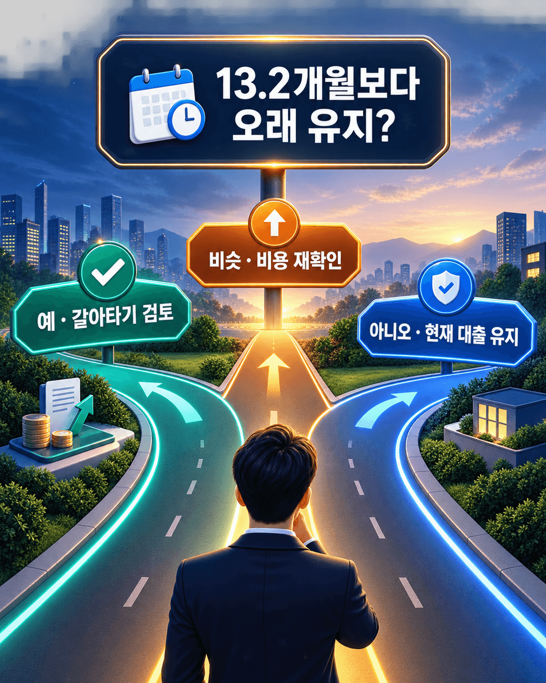 대출 예상 유지기간이 13.2개월보다 긴지에 따라 갈아타기 재확인 현재대출유지를 나누는 결정 카드