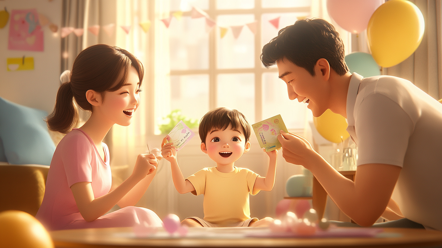 어린이날 선물로 용돈을 주는 부모의 모습