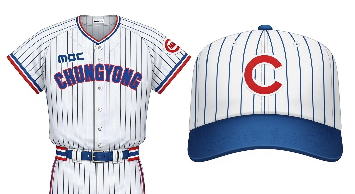 흰색 바탕에 푸른색 핀스트라이프와 빨간색, 파란색 포인트가 들어간 MBC 청룡 홈 유니폼. 1980년대 클래식 야구복의 상세한 디자인.