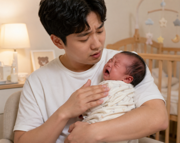 아빠가 울고 있는 신생아를 안고 달래는 모습, 초보 부모 육아 장면