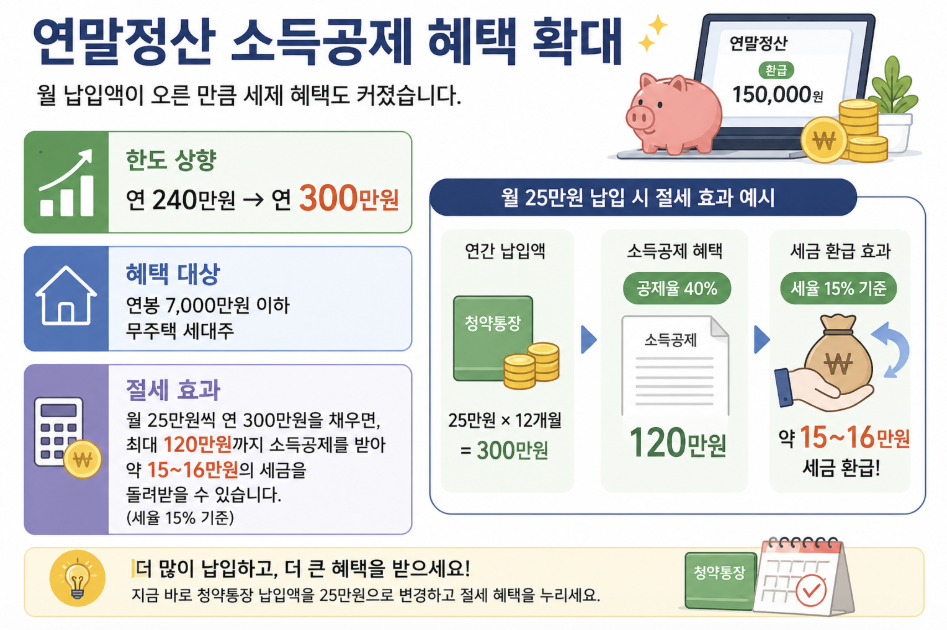 연말정산 청약통장 소득공제 혜택 확대 내용 정리, 월 25만원 납입 시 연 300만원 한도 적용으로 최대 120만원 소득공제 가능, 세율 15% 기준 약 15만원 세금 환급 효과 설명