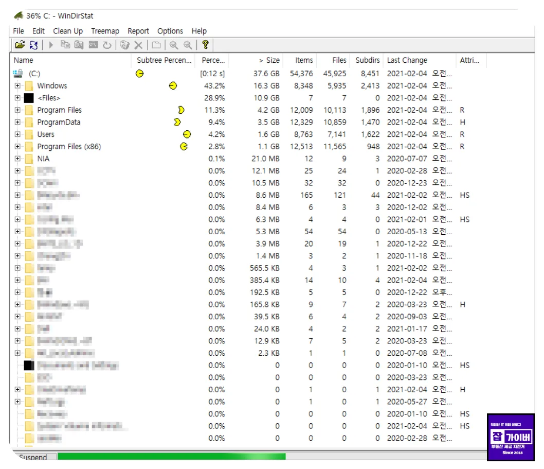 WinDirStat 트리맵 시각화로 큰 파일을 찾는 예시